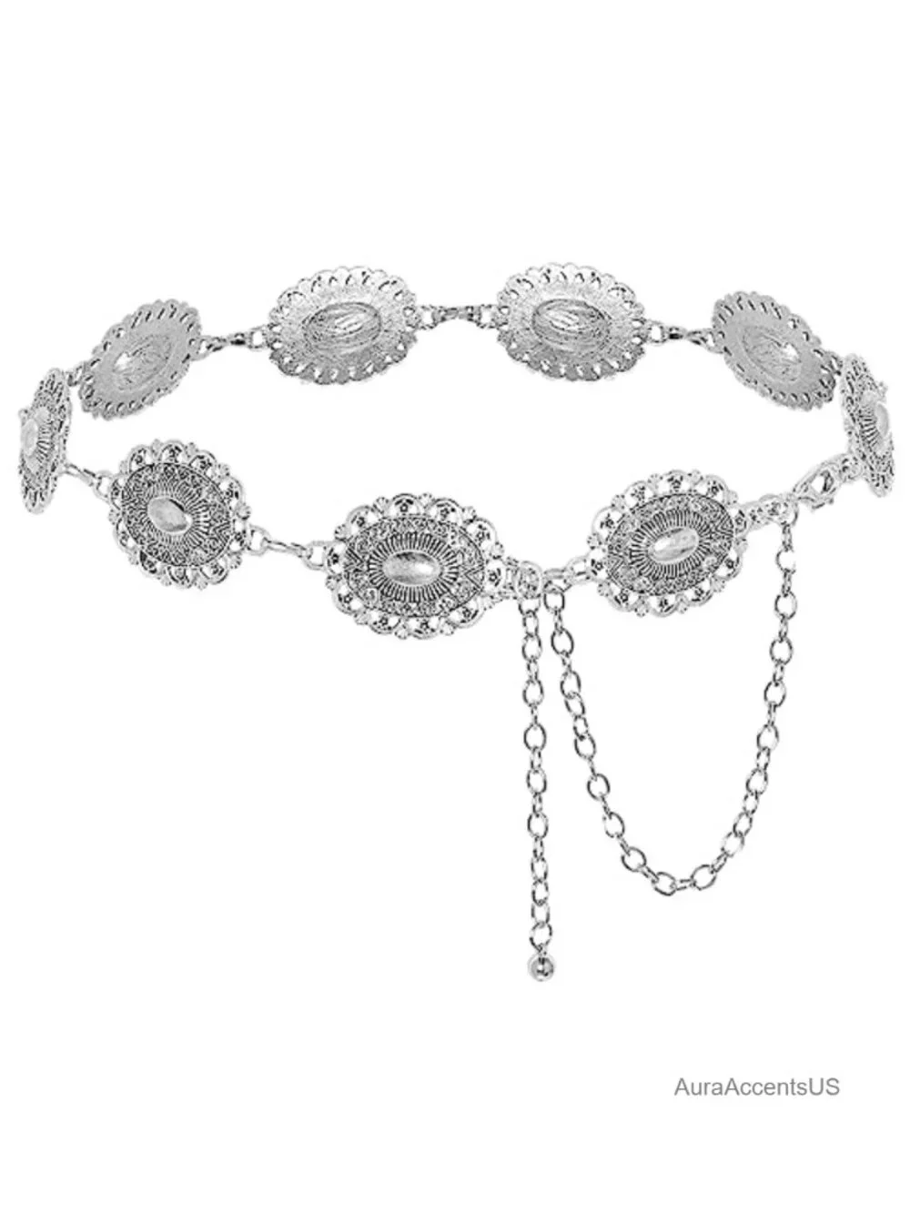 Adjustable Western Oval Concho Chain Belt for Dresses Jeans Cowgirl